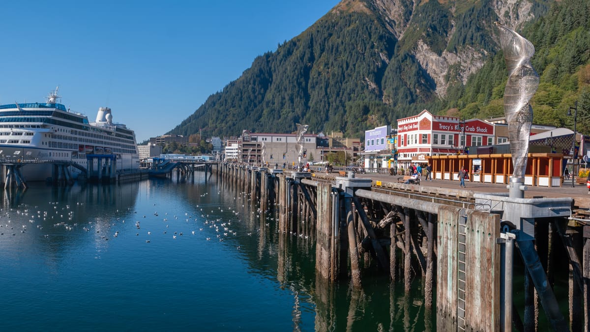 Juneau on a typical port day — multiple ships sharing the limited dockside.