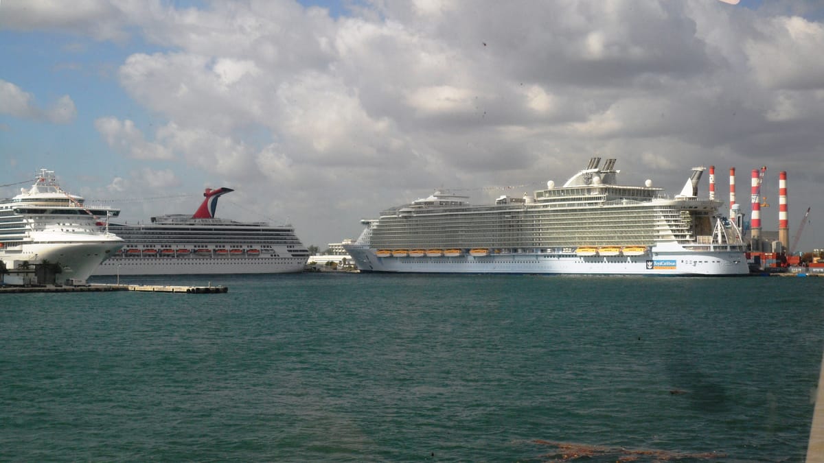 Port Everglades on a multi-ship turnaround morning — the busiest first-time cruisers see.