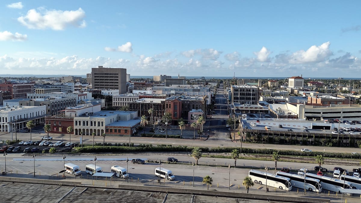 The Galveston waterfront — the cruise terminals sit at the eastern end.