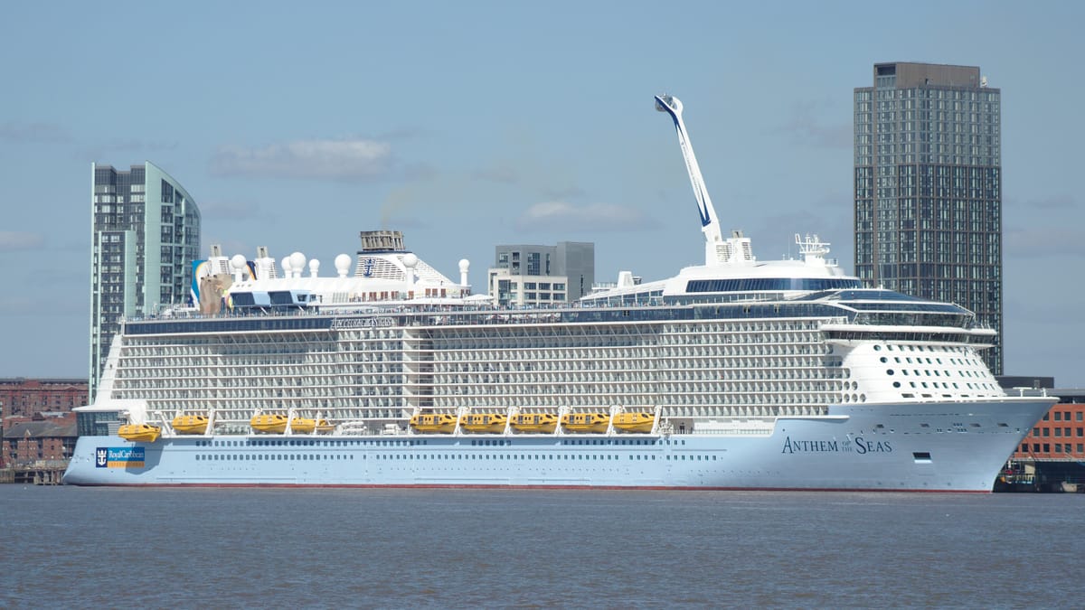 Anthem of the Seas at Liverpool — Quantum-class gives a sense of the balcony stack Icon scales up.