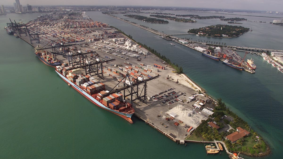 PortMiami from the air — the busiest cruise port in the world.