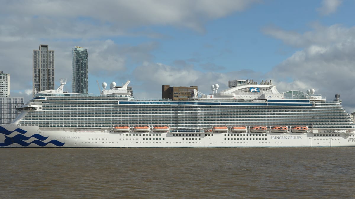Sky Princess at Liverpool — the Royal-class balcony stack profile.