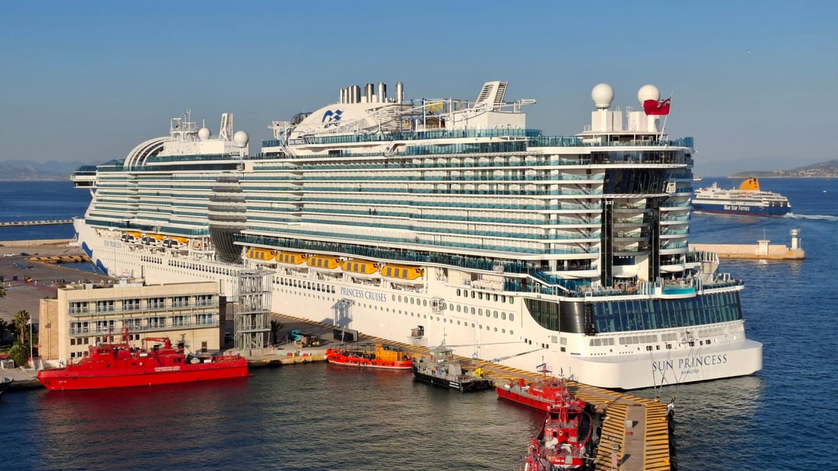 Sun Princess in Piraeus — the larger Sphere-class successor to Royal-class.